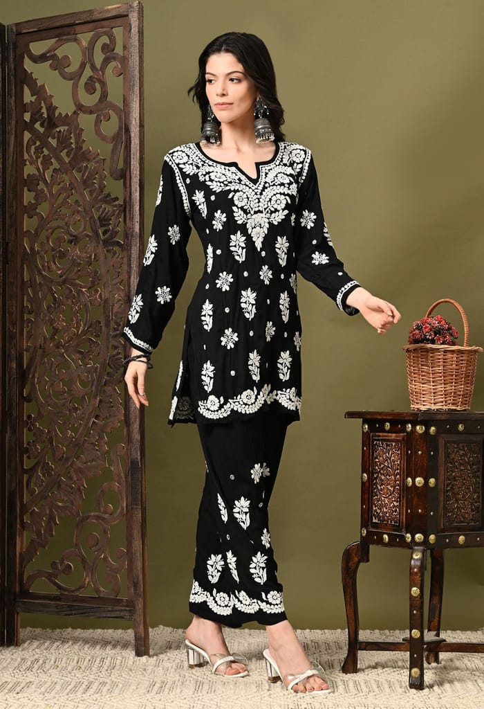 Chikankari Cord Set in Modal Fabric - Black