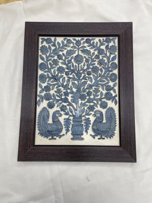 Stone Dust painting, Framed Tree of Life Wall Art with Peacocks, Blue, Decorative Relief Panel, Traditional Indian Design Size(30 * 36cm)