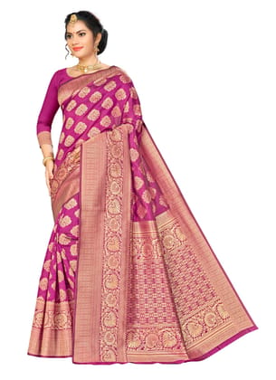 Generic Women's Banarasi Silk Saree with Blouse (Wine, 5-6 Mtr)
