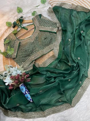 Pure soft zimmy choo silk saree with beautiful embroidery 3 mm sequence work heavy borders nd buttis in all over saree with aarcoPaired with Fully Stiched Full embroidery work heavy blouse on running fabrics Can be upto 42 "