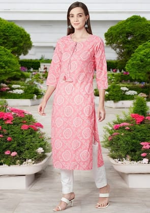 Baby Pink Bandhej Straight Kurta-XS