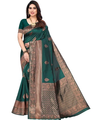 Aadvika Banarasi Silk Printed Saree With Unstitched Blouse Piece ( Green )