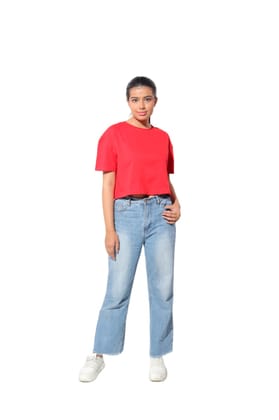 Kinnko Premium Cotton Womens Red Solid Crop T-Shirt  Plain