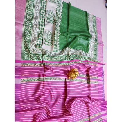 Silkmark Tussar Creative Blockprint Green & Pink Saree
