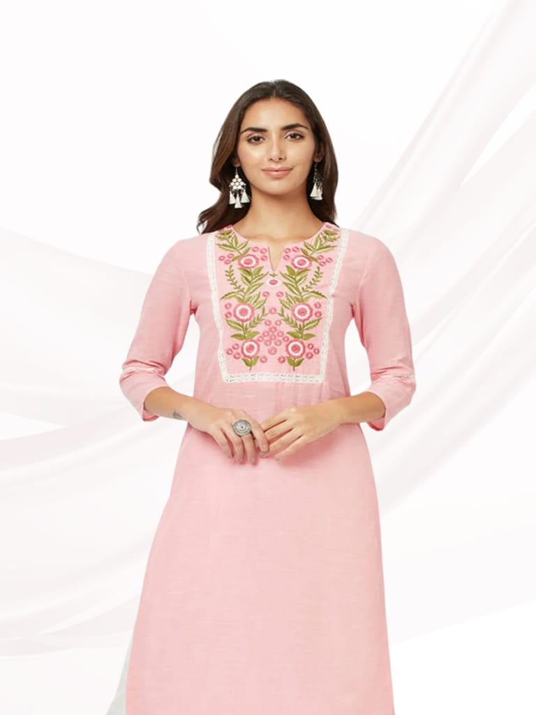Pink Yoke Embroidered Kurta - Kurtas & Kurta Sets | Buy online on ZillyBuy