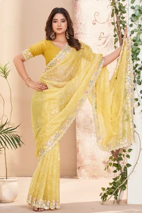 Yellow Embroidered Silk Saree