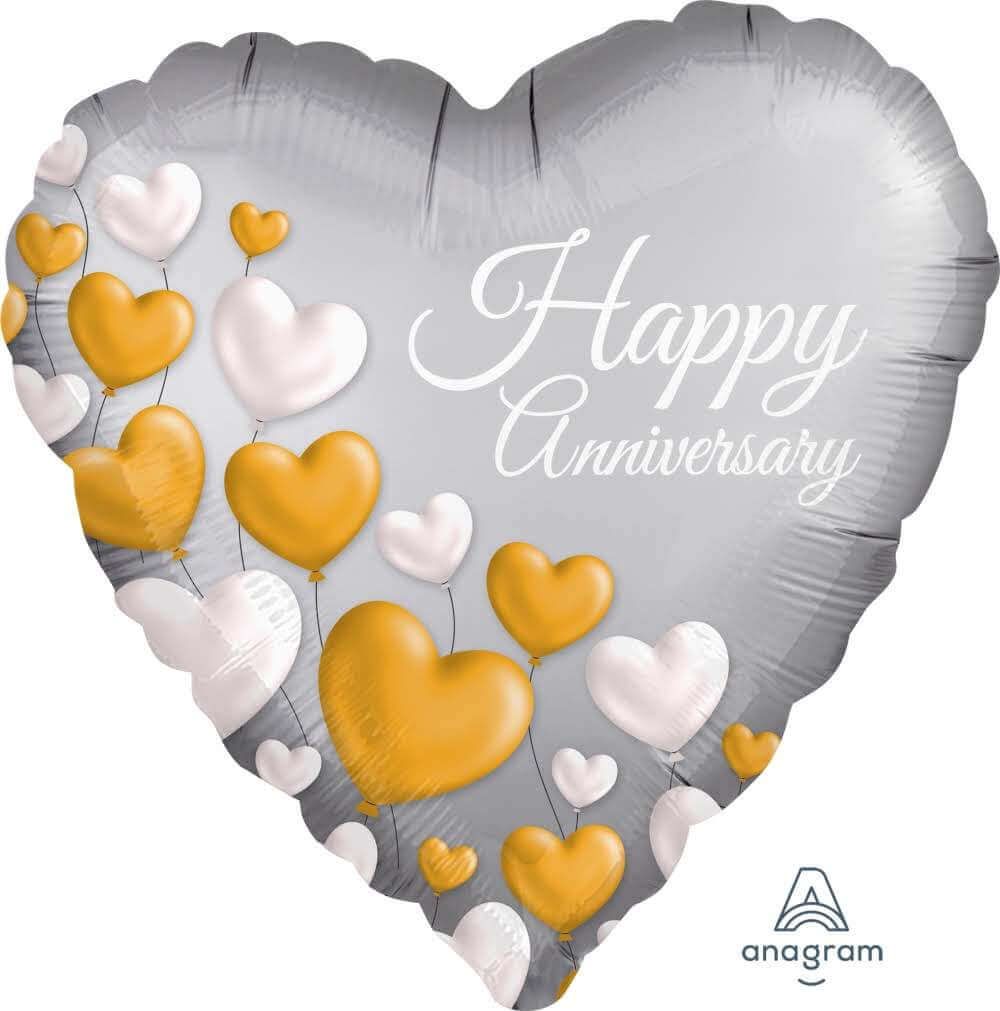 Happy Anniversary Platinum Heart Foil Balloon with Floral Print - Helium Quality - 18 inches - 1PC