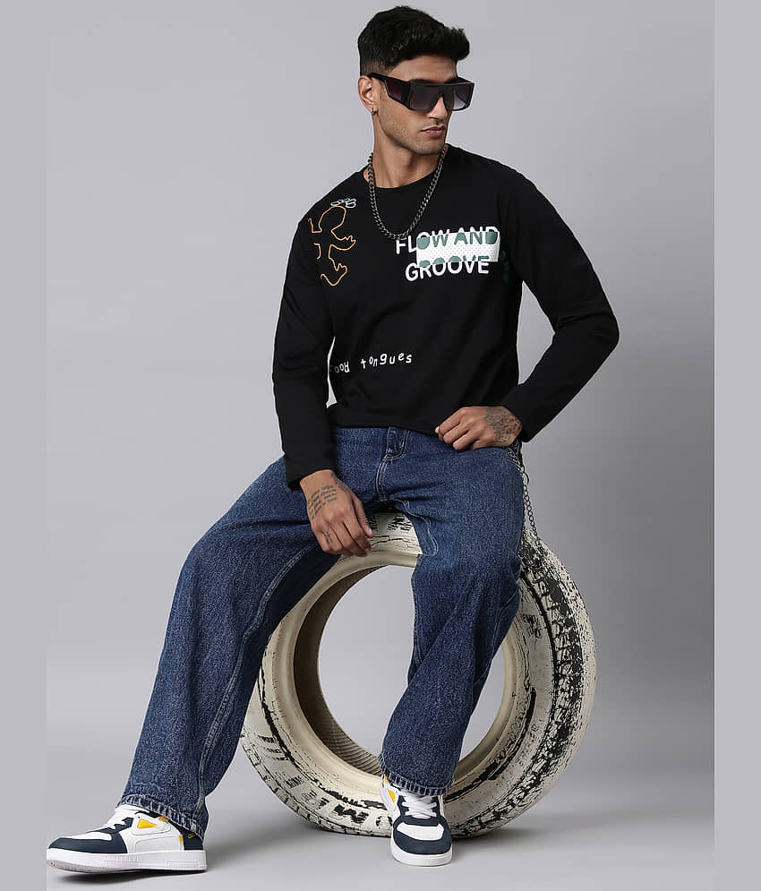 LEWEL Cotton Blend Slim Fit Printed Full Sleeves Men's Round T-Shirt - Navy Blue ( Pack of 1 )