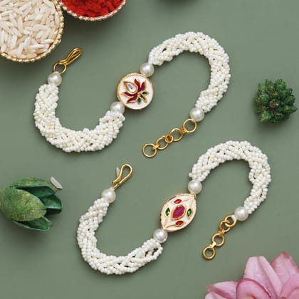 Set of 2 White Pearls, Beads Beautiful Lotus, Floral Designer Bracelet Rakhis, and Roli Chawal Pack