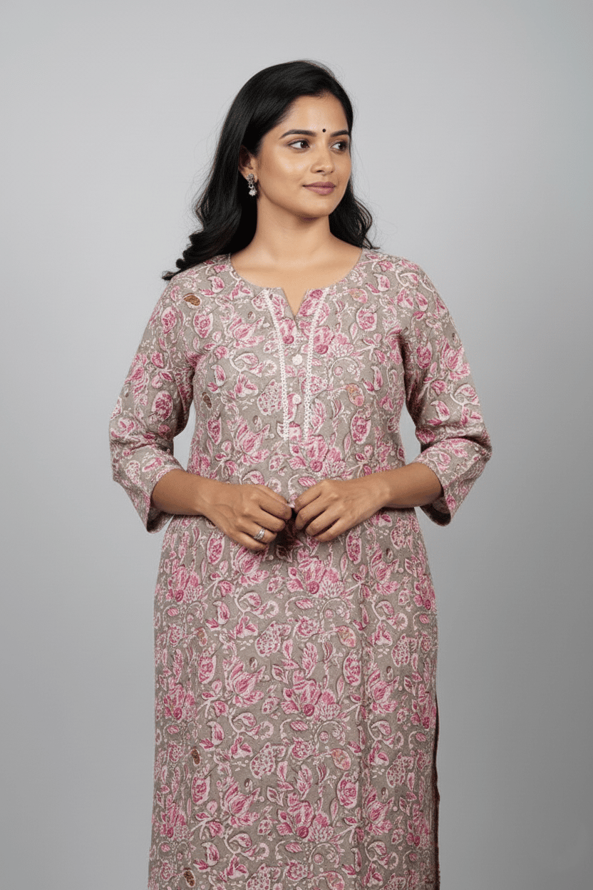 Rivaaj Ethnic Samaira Straight Kurta (Size M) | Pure Cotton Pink Ethnic Wear | 3/4 Sleeves Split V-Neck | Summer Comfortable Top