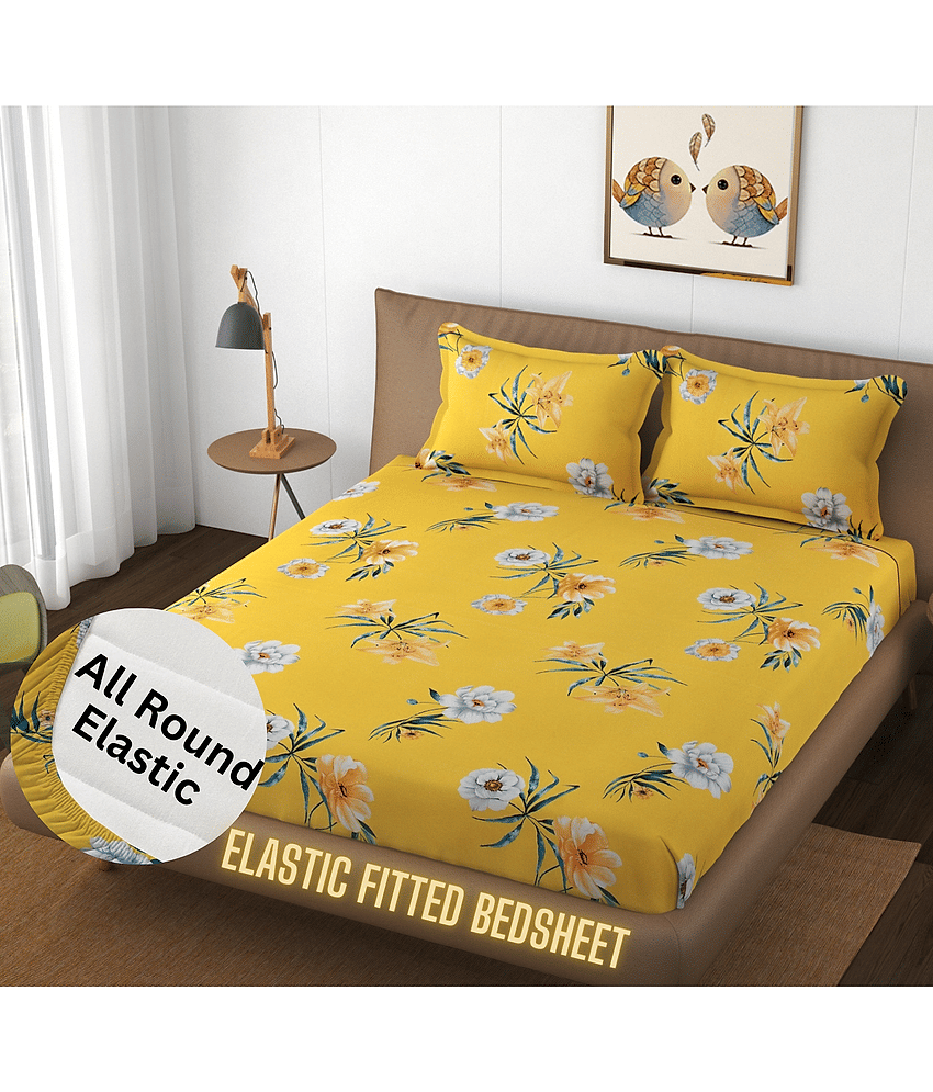 HIDECOR Microfibre Floral 1 Bedsheet with 2 Pillow Covers - Yellow