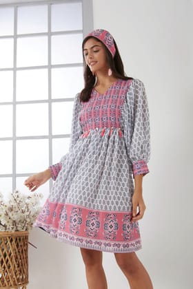 White digital print dress with pink printed yoke having tassel detailing-M