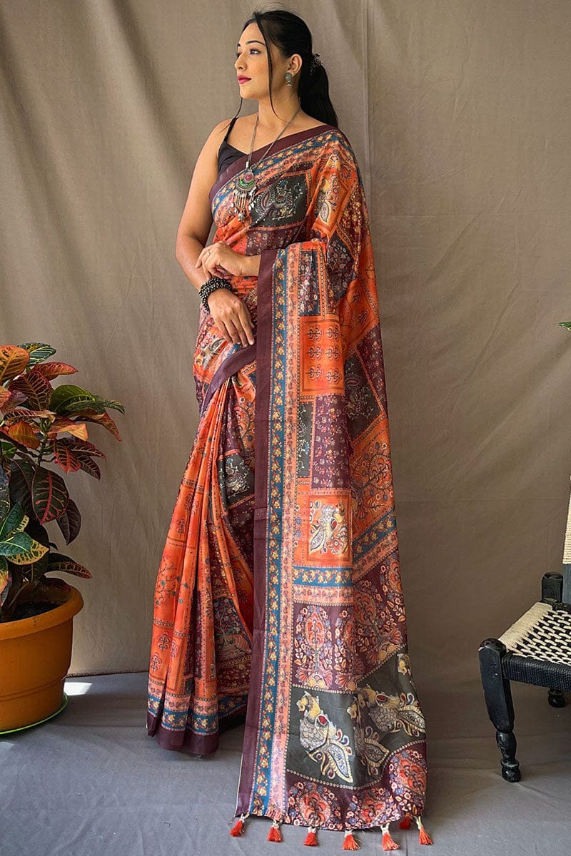 Shocking Orange Kalamkari Printed Cotton Saree