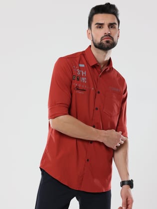 Men's Red Solid Slim Fit Stretchable Shirt | Rick Rogue-M/38