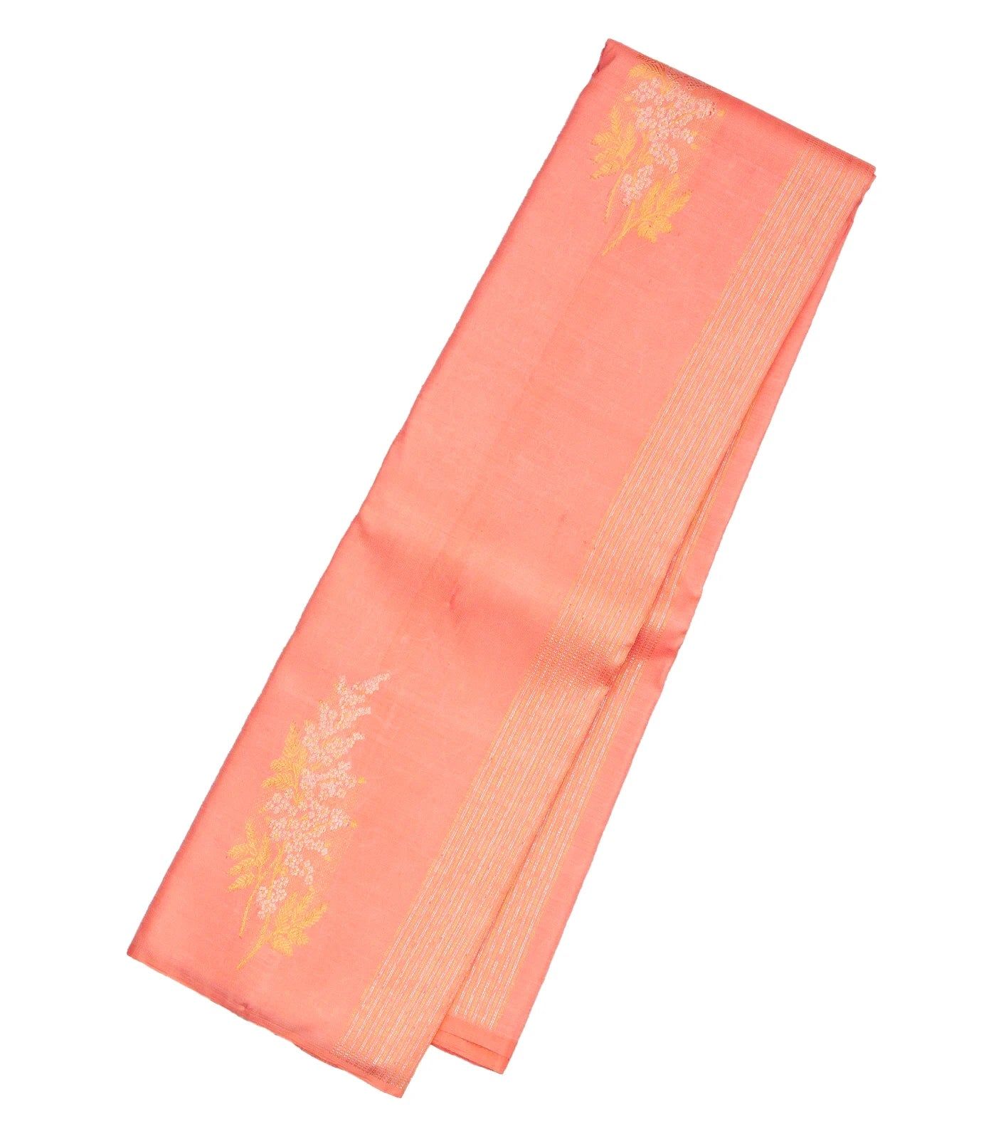 Light Peach Handloom Kanchipuram Silk Saree With Stripes & Buttas-Light Peach