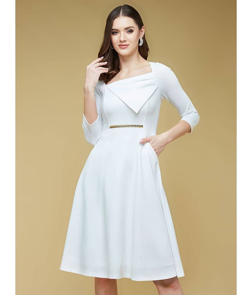 Life with Pockets Women Polyester Solid Fit & Flare Dress ( Off White )