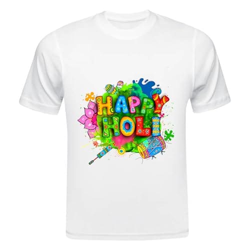 TERA MERA GIFT, Happy Holi Festival T-Shirt, White Polyester, Round Neck, Short Sleeve, Unisex