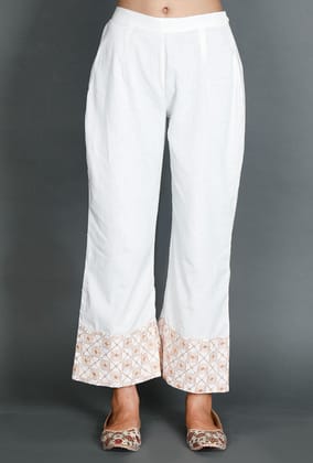 White Palazzos With Mustard Kantha Embroidery-M