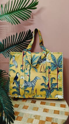 Handblock Printed Quilted Tote Bag with concealed zip ( 17x18x 6 inches)