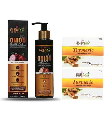 Red Onion Herbal Hair Wash | Prevents Hair Fall |Makes Hair Silkier & Stronger 200 Ml & Haldi /Turmeric Soap 2 Pc Each 75 G
