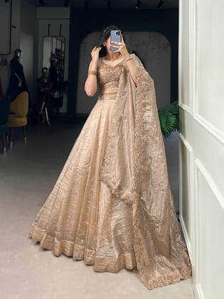 Gold Crush Fabric Party Wear Lehenga Choli Dupatta Set (Ready To Wear)-Free Size [38-44]