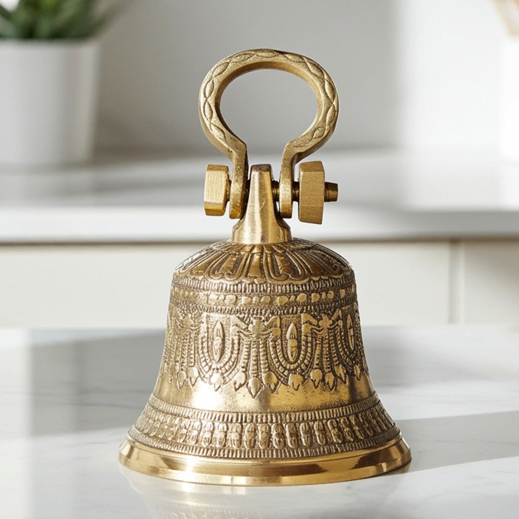 Brass Hanging Temple Pooja Bell, Ghanta Embose, Height : 5.5 Inch (ZMAS221 C)
