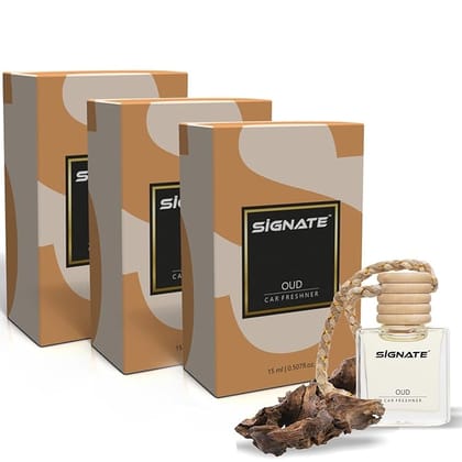 Signate Car Perfume with Natural Fragrance Essential Oils | Car Air Fresheners Long Lasting Upto 90 Days | Hanging Pod in Glass Bottle with Wooden Diffuser Lid 15ML (Oud) (Pack of 3) Signate Car Perfume with Natural Fragrance Essential Oils | Car Air Fresheners Long Lasting Upto 90 Days | Hanging Pod in Glass Bottle with Wooden Diffuser Lid 15ML (Oud) (Pack of 3)