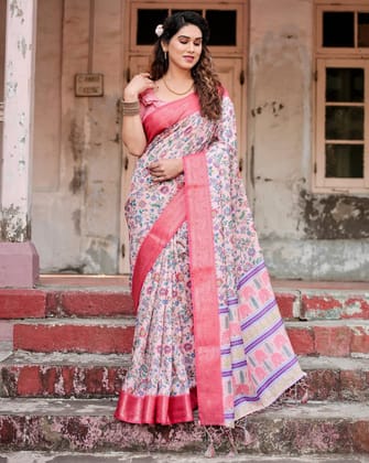 Blush Pink Tussar Silk Saree with Multicolor Floral Design and Zari Paisley Border-Regular