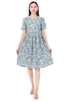 MR ANDERSON’S Geometric Print Midi Dress with Puff Sleeves & V-Neck, Knee Length