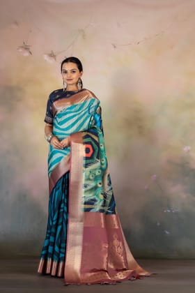 Geometric Peacock Print Jacquard Saree