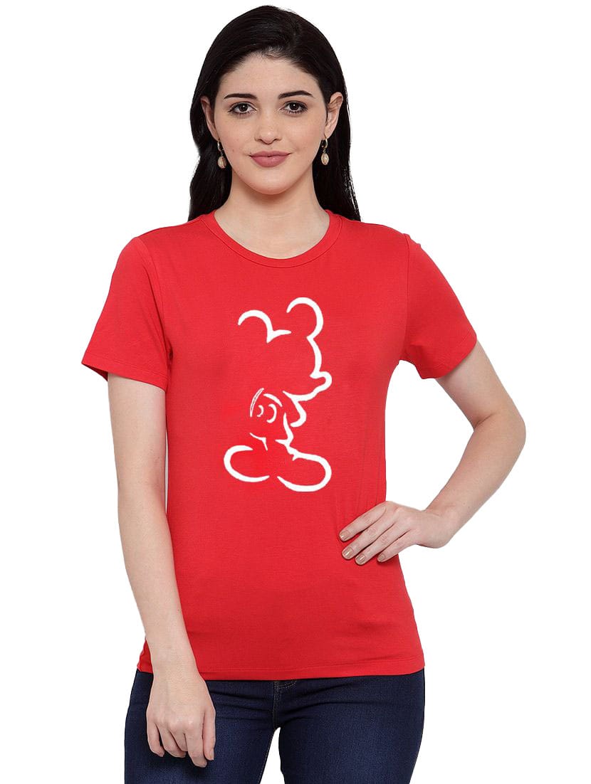 Women's Cotton Blend Mickey Mouse Line Art Printed T-Shirt L (Red)