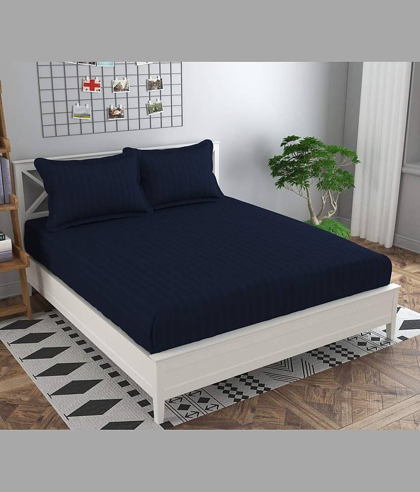 Neekshaa Satin Stripe Solid Fitted Fitted bedsheet with 2 Pillow Covers ( Double Bed ) - Blue