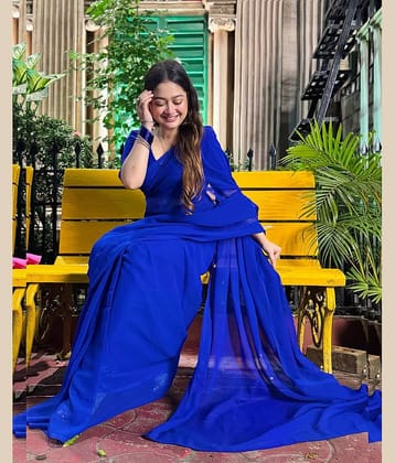ANAND SAREES Georgette Solid Kasavu Saree With Unstitched Blouse Piece ( Blue )