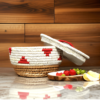 Handcrafted Sabai Grass Handmade Multi-Use Chapati & Roti Hot Box / Bread Basket / Storage Box / Casserole Dish for Kitchen (24x9x7 inch) - Red & Off White Handcrafted Sabai Grass Handmade Multi-Use Chapati & Roti Hot Box / Bread Basket / Storage Box / Casserole Dish for Kitchen (24x9x7 inch) - Red & Off White