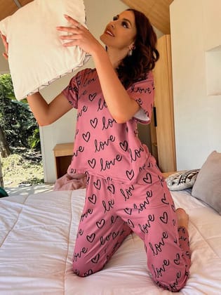 Women Printed T.Shirt & Pyjama Co-Ord Set-S