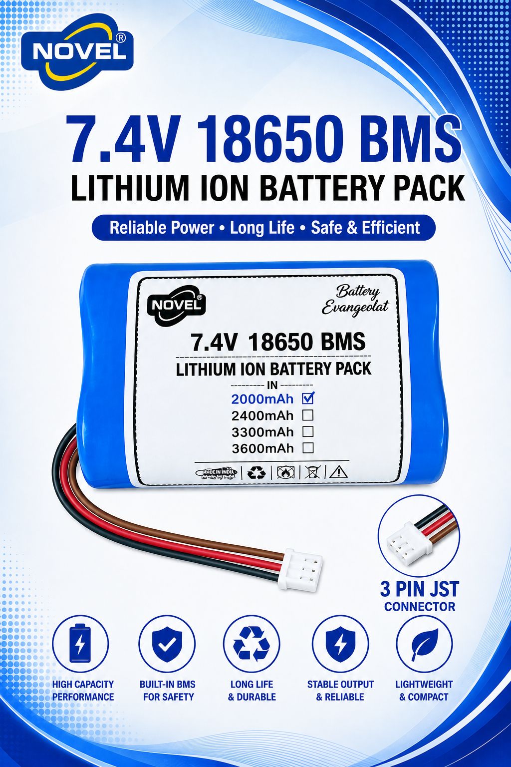 NOVEL 7.4V 18650 BMS LITHIUM ION DUAL BATTERY PACK WITH DC FEMALE- 2000mAh