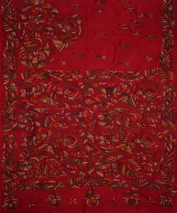 Deep carmine red tussar silk hand embroidery kantha saree Deep carmine red tussar silk hand embroidery kantha saree