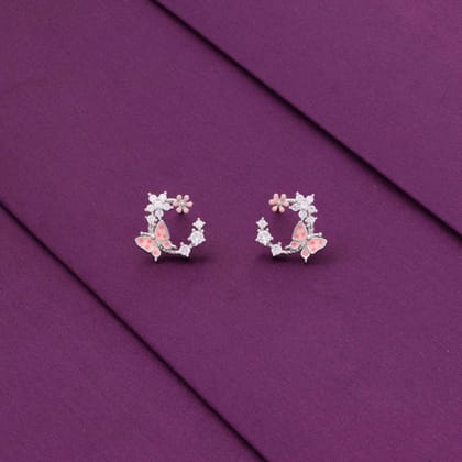 Butterfly Garden Silver Stud Earrings-White Stone / Silver