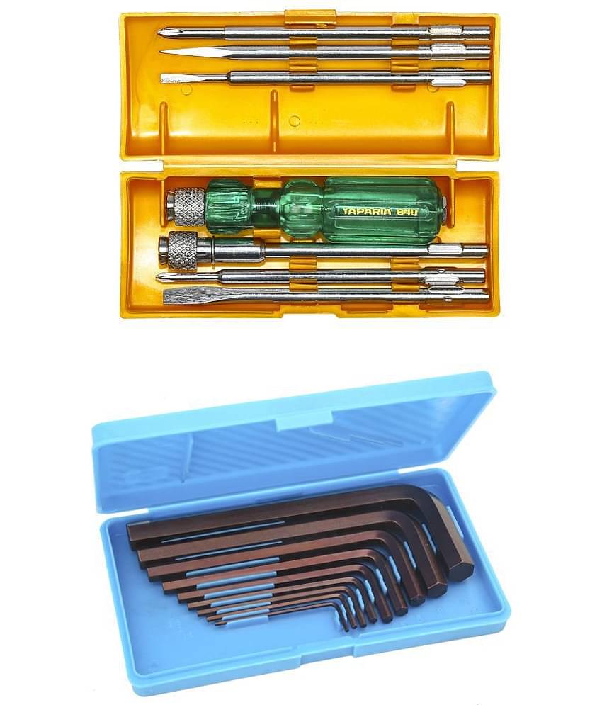 TAPARIA Set of 2 Hand Tool Combo (L-Key 1.5 to 10 Set of 9 (AKM-9)/6 in 1 Screwdriver Kit with Neon Bulb (840)