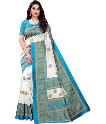 Grubstaker Art Silk Printed Saree With Unstitched Blouse Piece ( White )