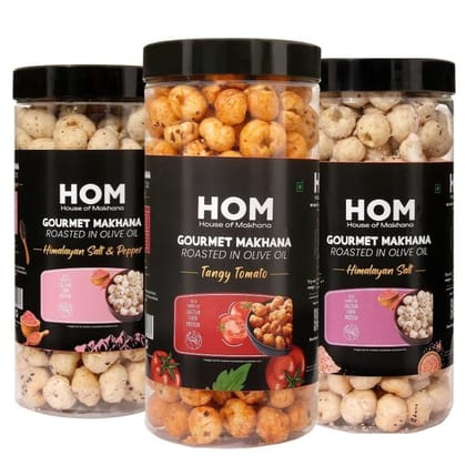 GOURMET MAKHANA Roasted in Olive Oil | Flavors Tangy Tomato, Himalayan Salt and Pepper, Himalayan Salt | Combo Of 3, 65g Each. - 195 gm