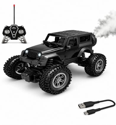 Braintastic Remote Control Thar Rock Climbing Car for Kids | Rechargeable Off Road Jeep Toy with Mist Spray Lights Music | 4x4 RC Stunt Vehicle Gift for Boys Girls Outdoor Play (Black)