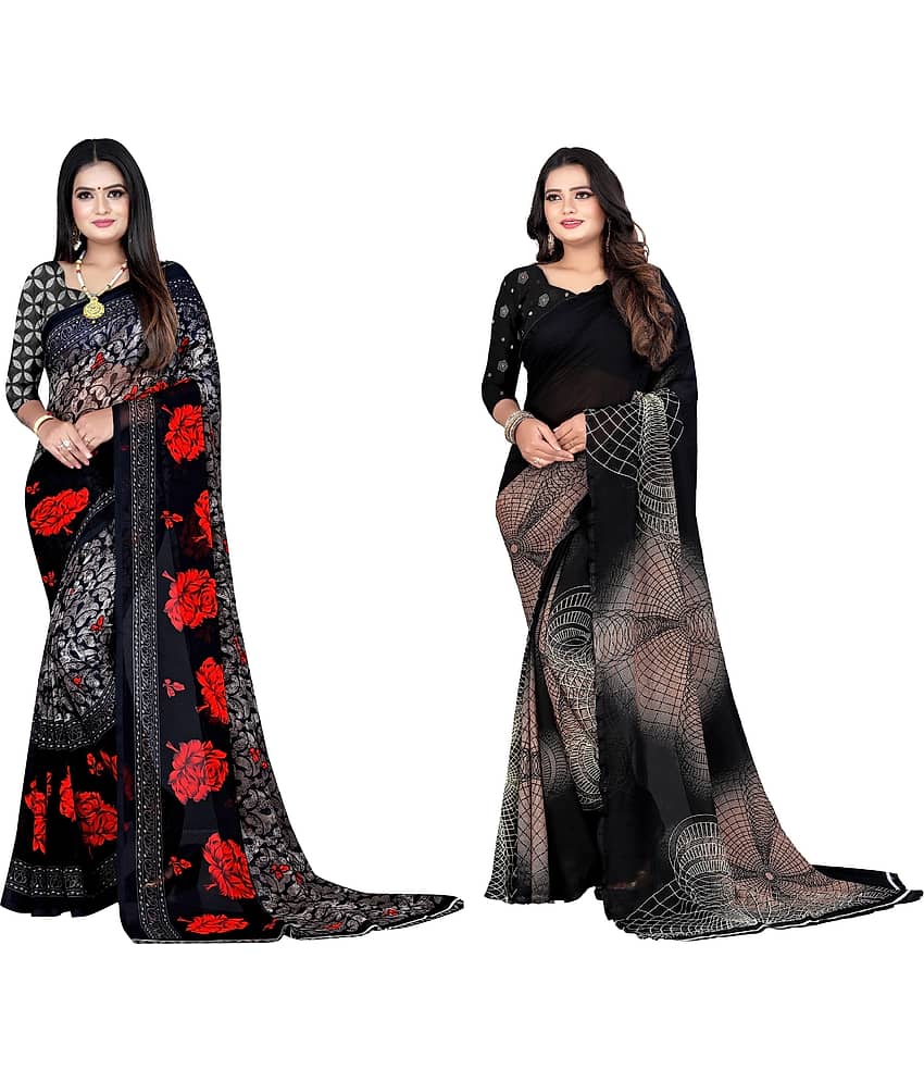 LEELAVATI Georgette Printed Saree With Unstitched Blouse Piece ( Black )