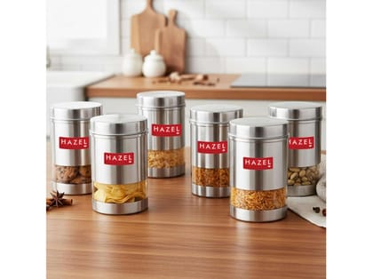 HAZEL Stainless Steel Transparent Wide Mouth See Through Container, 500 ml Each, Set of 6