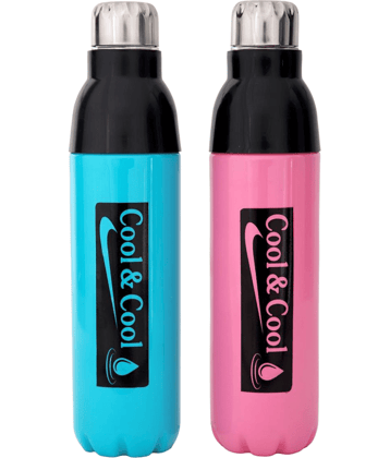 LAZYWINDOW Cool & Cool 1000ml Pink & Sky Blue Water Bottle Blue Plastic Water Bottle 1000 mL ( Set of 2 )