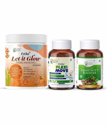 Fytika Let it Glow Orange Splash, Collagen Powder-200G + Fytika Flexi Move| Glucosamine, Rosehip Powder extract-60 Tabs + Fytika Immunity Booster (Immune system support)-60 Tabs