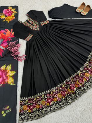 Designer Party Wear Gown With Fully Stitched Pent And Dupatta