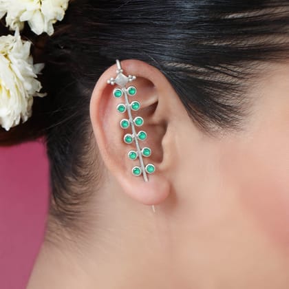 Green Stone Silver 92.5 Needle Ear Cuffs-Silver