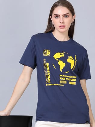 Women THE FUTURE Printed Relaxed Fit T-Shirt-S / Navy Blue