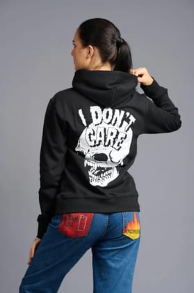 I Don't Care Printed Black Hoodie for Women S